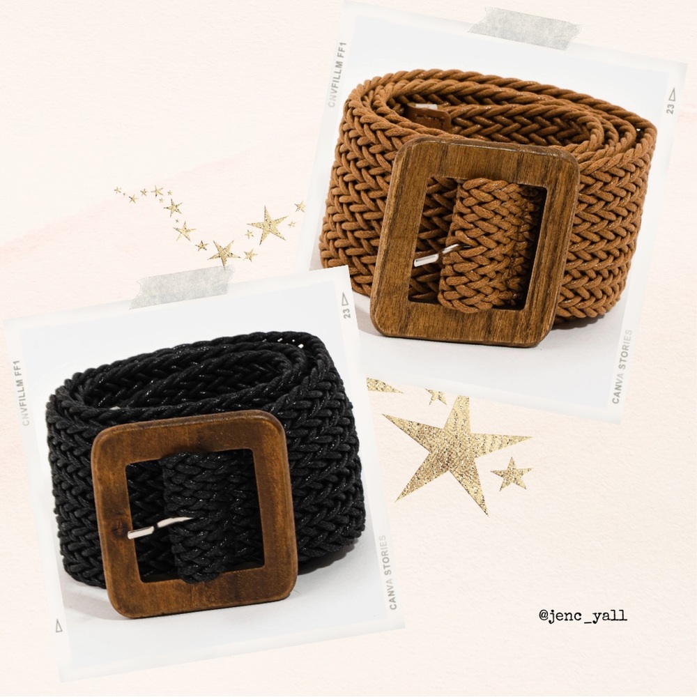 Wooden Square Buckle Wide Braided Belt 44” | Brown - Picture 4 of 5